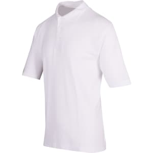 A white men's regular pique knit polo shirt with a collar and short sleeves. It features branding on the fabric.