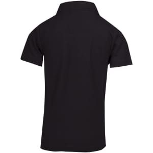 A black kid's pique polo shirt featuring a classic collar. The back view highlights the neat design.