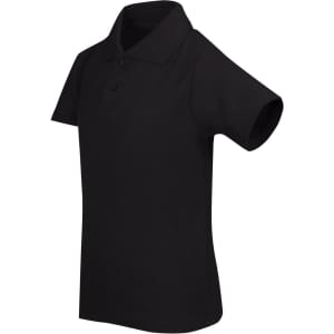 A black kid's polo shirt with a collared neck and short sleeves. It features a logo on the chest.