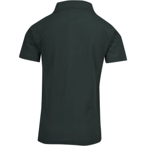 A dark green kid's pique polo shirt with a collared neckline and short sleeves, featuring a logo.