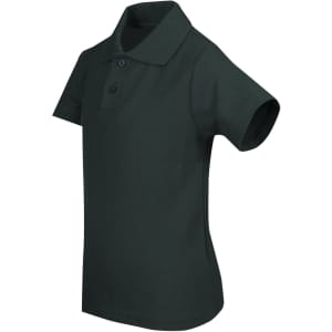 A dark green kids' pique polo shirt with a collar and short sleeves, featuring buttons and a logo.