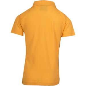A yellow kid's pique polo shirt featuring a collar and short sleeves, with a logo on the back.