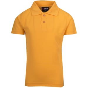 A yellow kid's pique polo shirt with a collar and three buttons, featuring a logo on the tag.