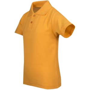 A kid's pique polo shirt in bright yellow, featuring a classic collar and short sleeves. It has a logo on the chest.