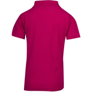 A pink kid's pique polo shirt featuring a classic collar and short sleeves, showcasing the back view.