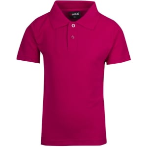A bright magenta kid's pique polo shirt featuring a classic collar and a button placket. It has a logo on the label.