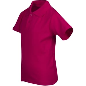 A bright pink kids' pique polo shirt with a classic collar and short sleeves, featuring a logo on the chest.
