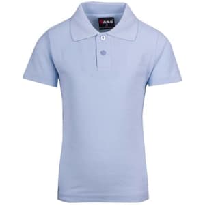 A light blue kid's pique polo shirt with a collar and a logo on the label. Perfect for casual wear.