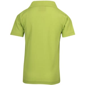 A green kid's pique polo shirt with a collar, featuring a logo on the back.
