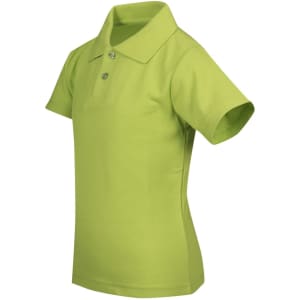 A kid's polo shirt in vibrant green with short sleeves and a collared neckline, featuring three buttons.