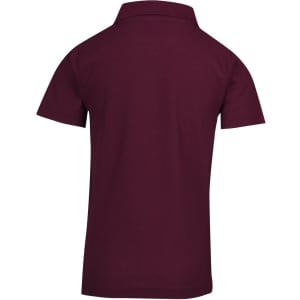 A burgundy kid's pique polo shirt with a collar and short sleeves. The back view features a plain design and a logo.