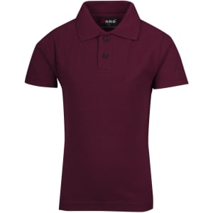 A maroon kid's pique polo shirt with a collar and three buttons, featuring a logo on the label.