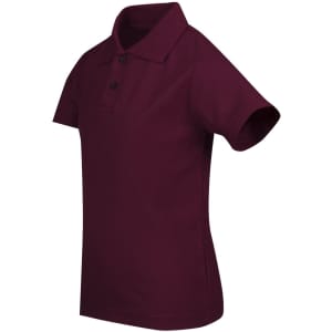 A burgundy kid's pique polo shirt featuring a classic collar and short sleeves, with three buttons and a logo.