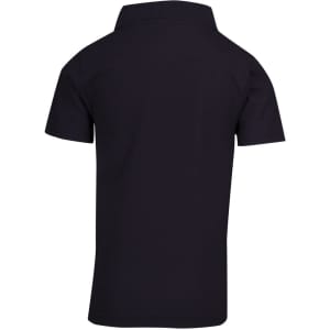 A black kid's pique polo shirt with a collar and short sleeves, featuring a logo.