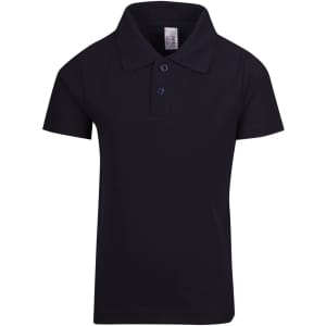 A navy blue kid's pique polo shirt featuring a collared neckline and three-button placket. It includes a logo.