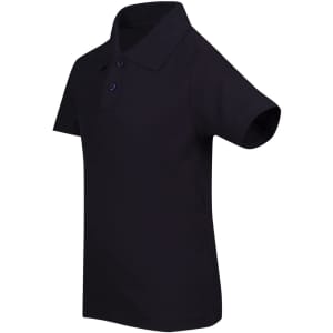 A black kid's pique polo shirt featuring a classic collar and short sleeves, with a logo on the chest.