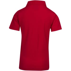 A red kid's pique polo shirt featuring a collar and short sleeves, with no visible branding.