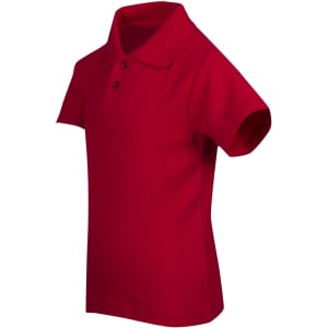 A red kid's pique polo shirt featuring a collar and three-button placket, with a branding logo on the chest.