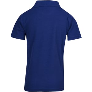 A navy blue kid's pique polo shirt with a classic collar and short sleeves. Features a logo on the back.