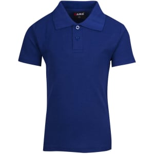 A blue kid's pique polo shirt featuring a collar and two-button placket, with a logo on the inside.