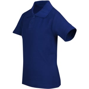 A navy blue kid's polo shirt with a collar and two buttons, featuring short sleeves and a logo.