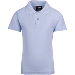A light blue kid's pique polo shirt with a collar, three buttons, and a logo on the label.