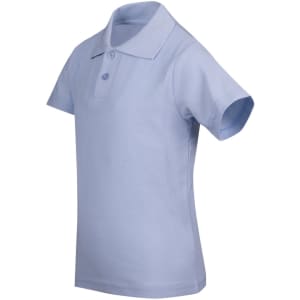 A light blue kid's pique polo shirt with a collar and short sleeves, featuring buttons and a logo.