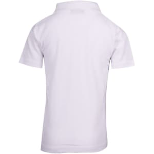 A white kid's pique polo shirt featuring a standard collar and short sleeves, with a logo on the back.
