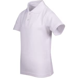 A white kid's pique polo shirt with a classic collar and short sleeves. It features a logo on the front.