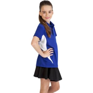 A girl is wearing a blue polyester polo shirt with white sides. The shirt has a collar and a logo on the chest.