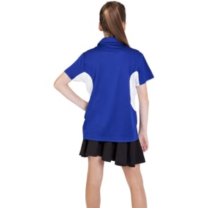 A blue and white polyester polo shirt, featuring a back view with short sleeves and a collar.