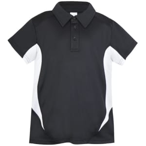 A black and white Kid's Accelerator Polyester Polo shirt, featuring a logo and short sleeves.