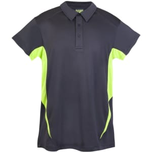 A kid's polo shirt in dark grey with bright green accents and a logo on the chest.