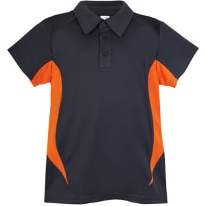 A black polo shirt with orange accents, featuring a collar and three-button placket, and a logo.