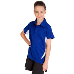 A blue polyester polo shirt with white accents, featuring a logo, worn by a young girl.