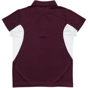 A maroon polyester polo shirt featuring white side panels and a collar, with a logo on the front.