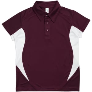 A maroon polyester polo shirt featuring white accents and a collar, with a logo on the chest area.