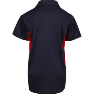 A navy blue and red polyester polo shirt with a collar and short sleeves, featuring a logo.