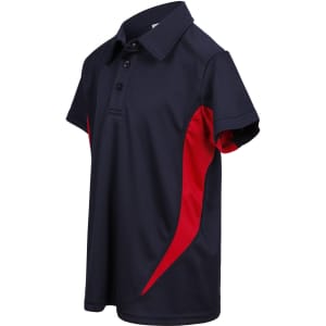 A navy blue polo shirt with red accents, featuring a collar and short sleeves. It has a logo on it.
