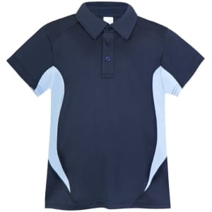 A navy blue kid's polyester polo shirt with light blue side panels and a collar. It features a logo on the chest.