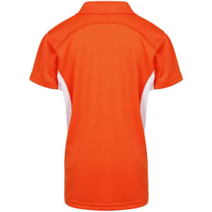 A vibrant orange polo shirt featuring a white panel on the sides and a classic collar. Includes a logo on the front.