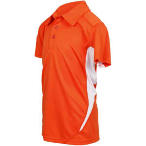 A vibrant orange polyester polo shirt featuring white side panels and a logo. Perfect for kids’ active wear.