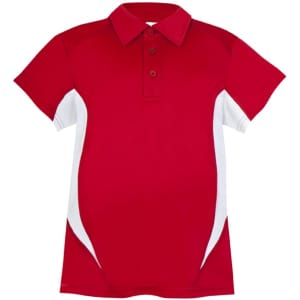 A red polo shirt with white side panels and a collar, featuring a logo on the chest.