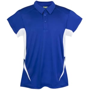 A blue polyester polo shirt featuring white accents and a logo on the chest. Short sleeves are included.