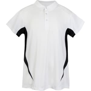 A white polo shirt with black accents and a logo on the chest. Features a classic collar and short sleeves.