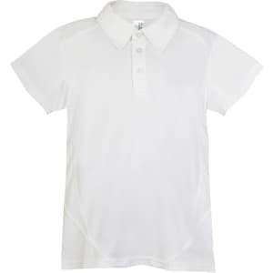 A white polyester polo shirt featuring a collar, short sleeves, and a subtle logo.