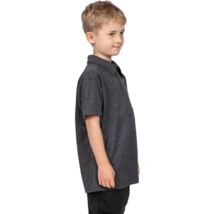 A kid's polo shirt in dark grey, featuring a collar and short sleeves, displayed on a young model.