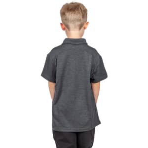 A grey kid's polo shirt with short sleeves, featuring a collar and a logo on the back.