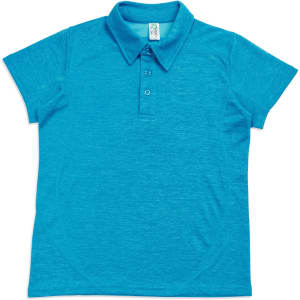 A bright blue kid's polo shirt made of 100% polyester with a collar and buttoned placket.