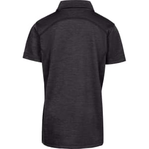 A black polo shirt made of 100% polyester, featuring a simple design and no visible logos on the back.